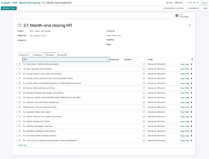 De Project Management-module in Odoo voor maandafsluitingen